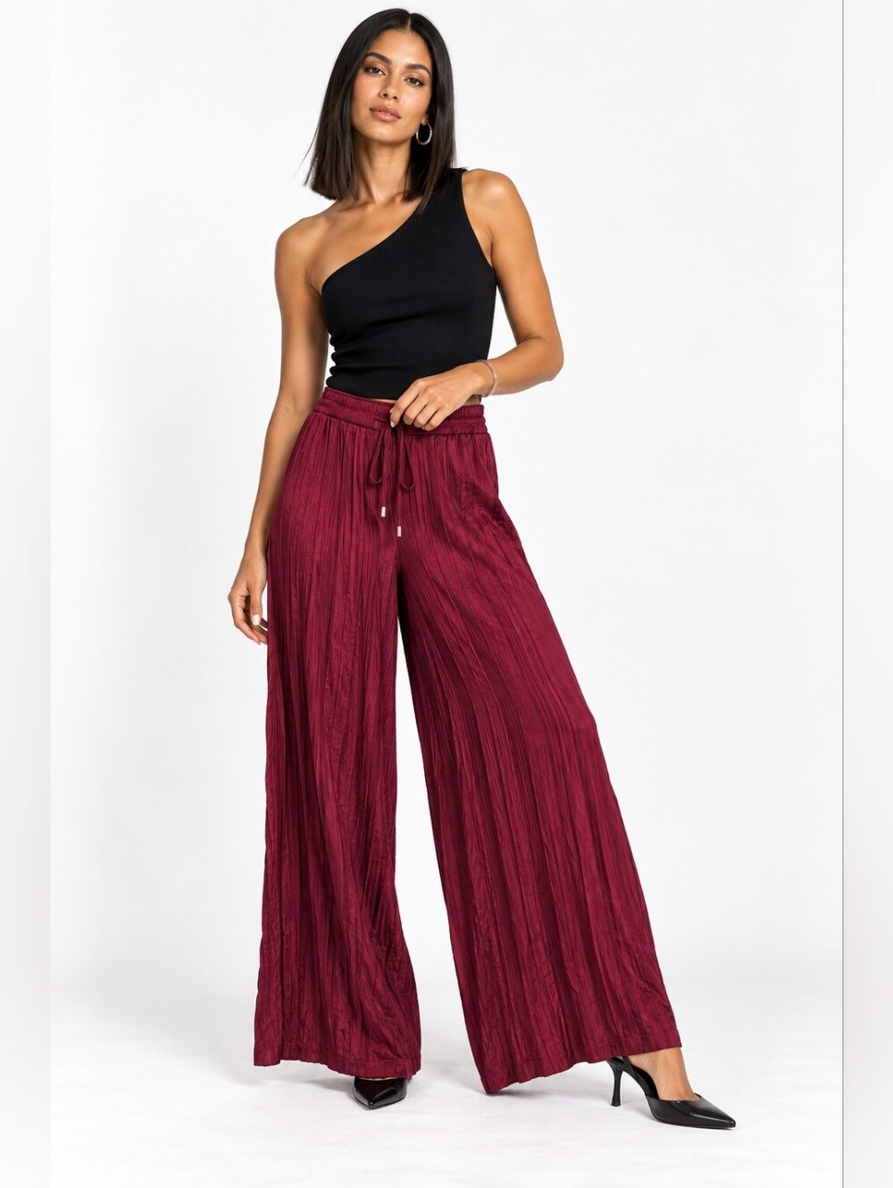 DKNY NWT Beet Burgundy Crinkle Wide Leg Pull On Pants XL